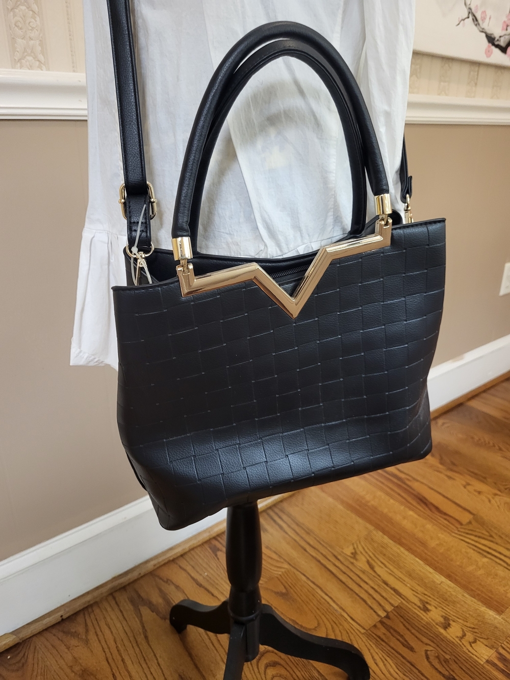 Crossi Black Waffle Weave Tote